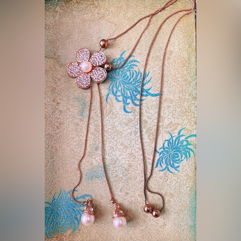 Rose Gold Tone Flower Pendant Necklace with Faux Pearl & CZ Rhinestones